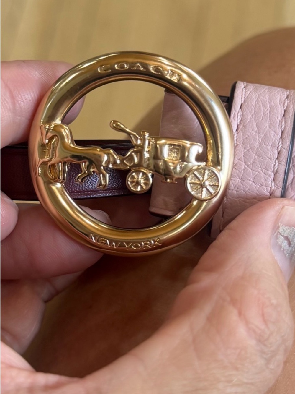 COACH Pink Pebble Leather Belt with Gold Coach Carriage Buckle - Picture 2 of 4